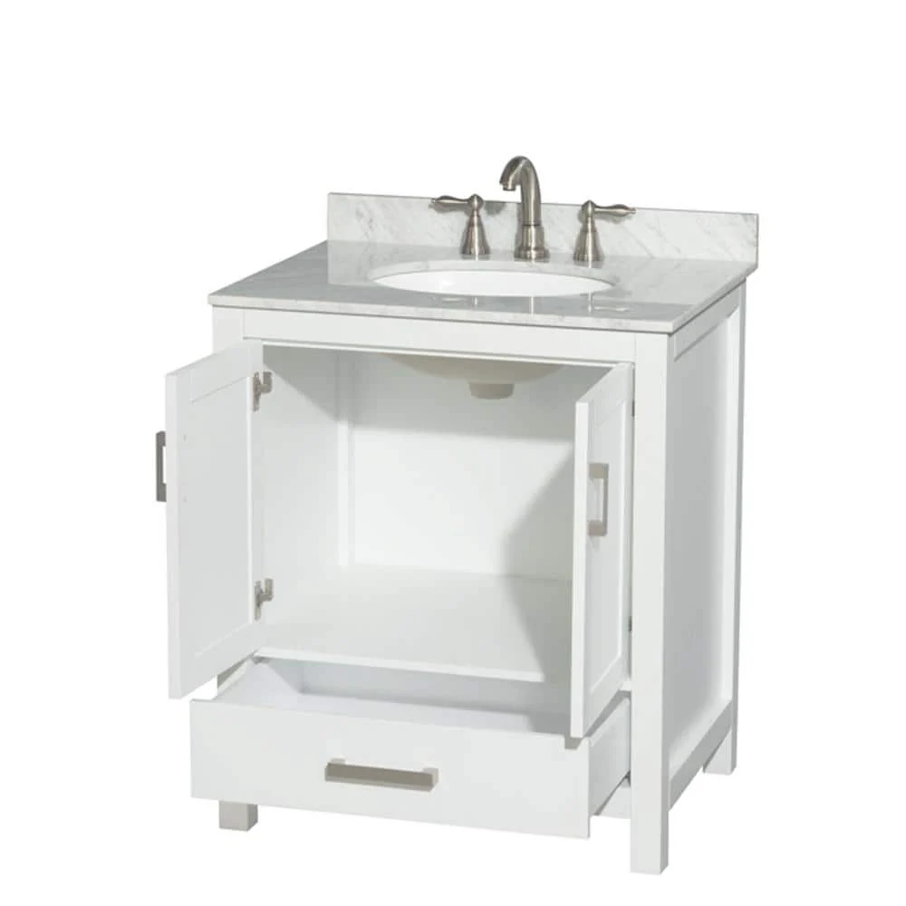 Wyndham Collection Sheffield 30" White Bathroom Vanity with Carrara Marble Top - Image 3