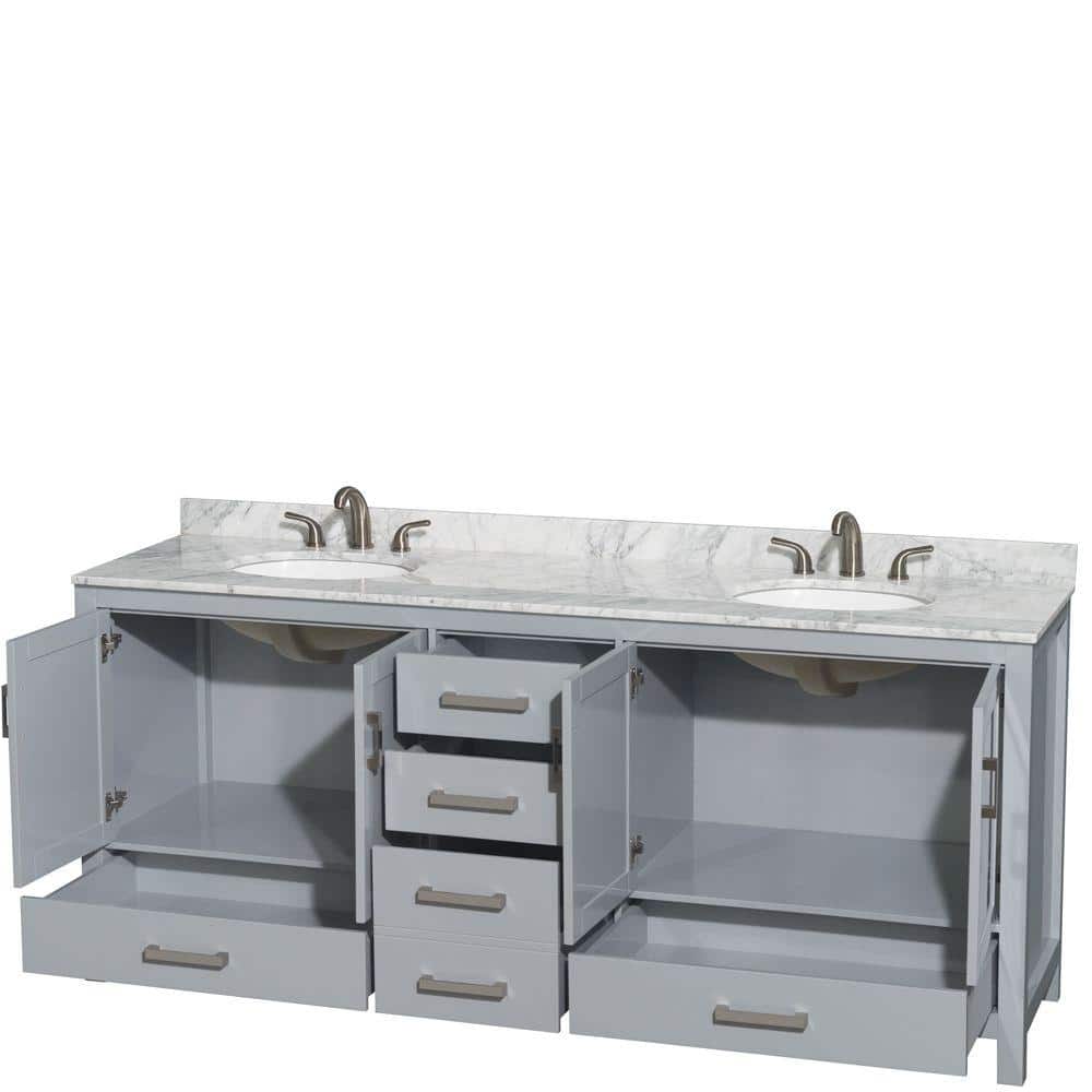 Wyndham Collection Sheffield 80" Double Bath Vanity in Gray with White Carrara Marble Top - Image 2