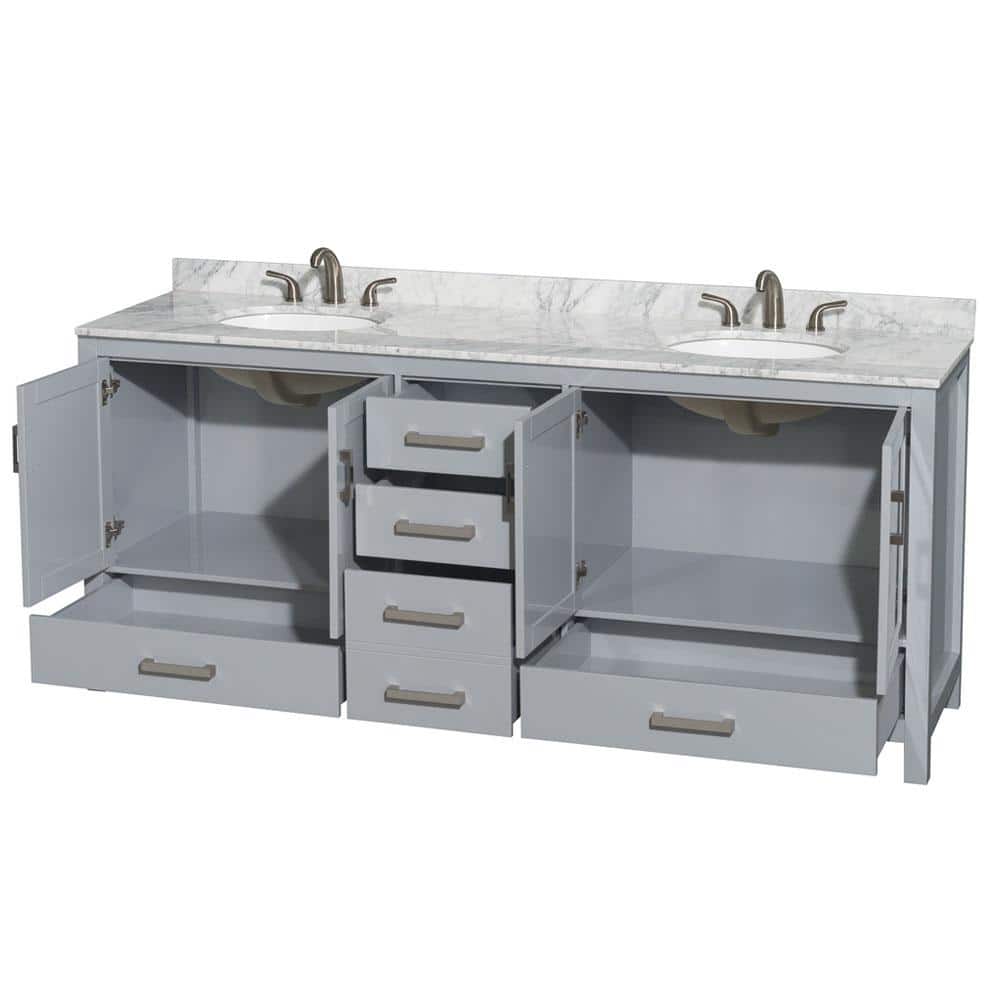 Wyndham Collection Sheffield 80" Double Bath Vanity in Gray with White Carrara Marble Top - Image 3