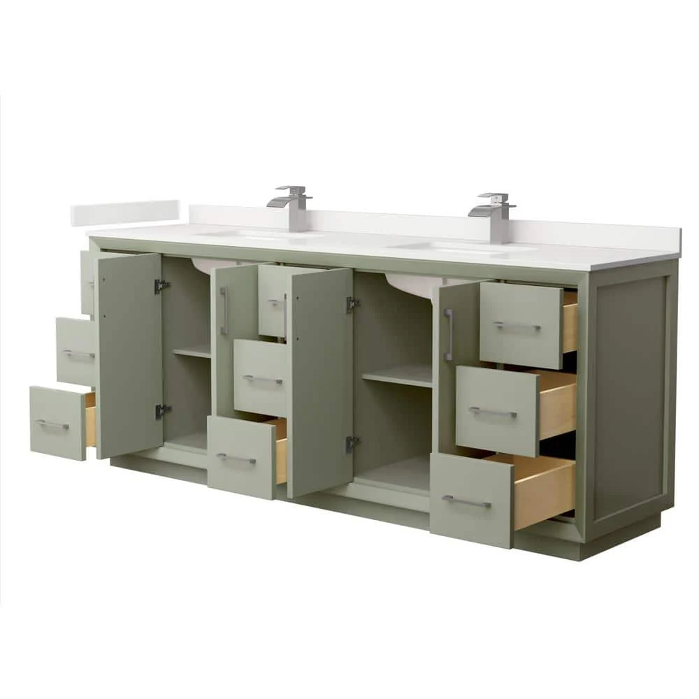 Wyndham Collection Strada 84" Double Bath Vanity, Light Green with White Quartz Top - Image 2