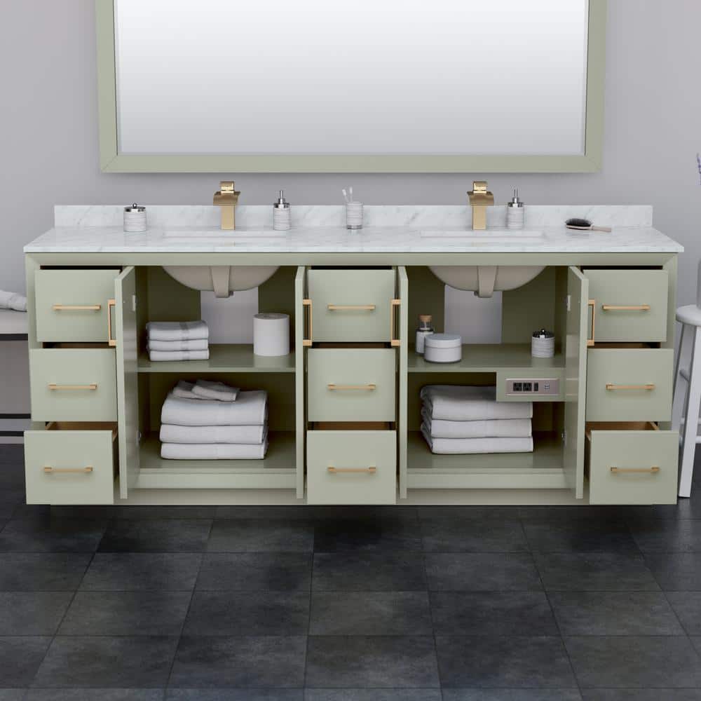 Wyndham Collection Strada 84" Double Bath Vanity, Light Green with White Quartz Top - Image 3