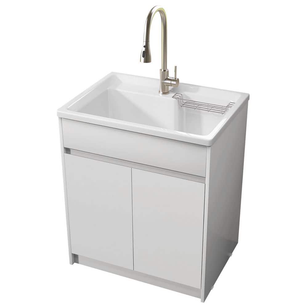 Zeafive All-in-One 30" x 22" Freestanding White Laundry Sink with Cabinet and Faucet