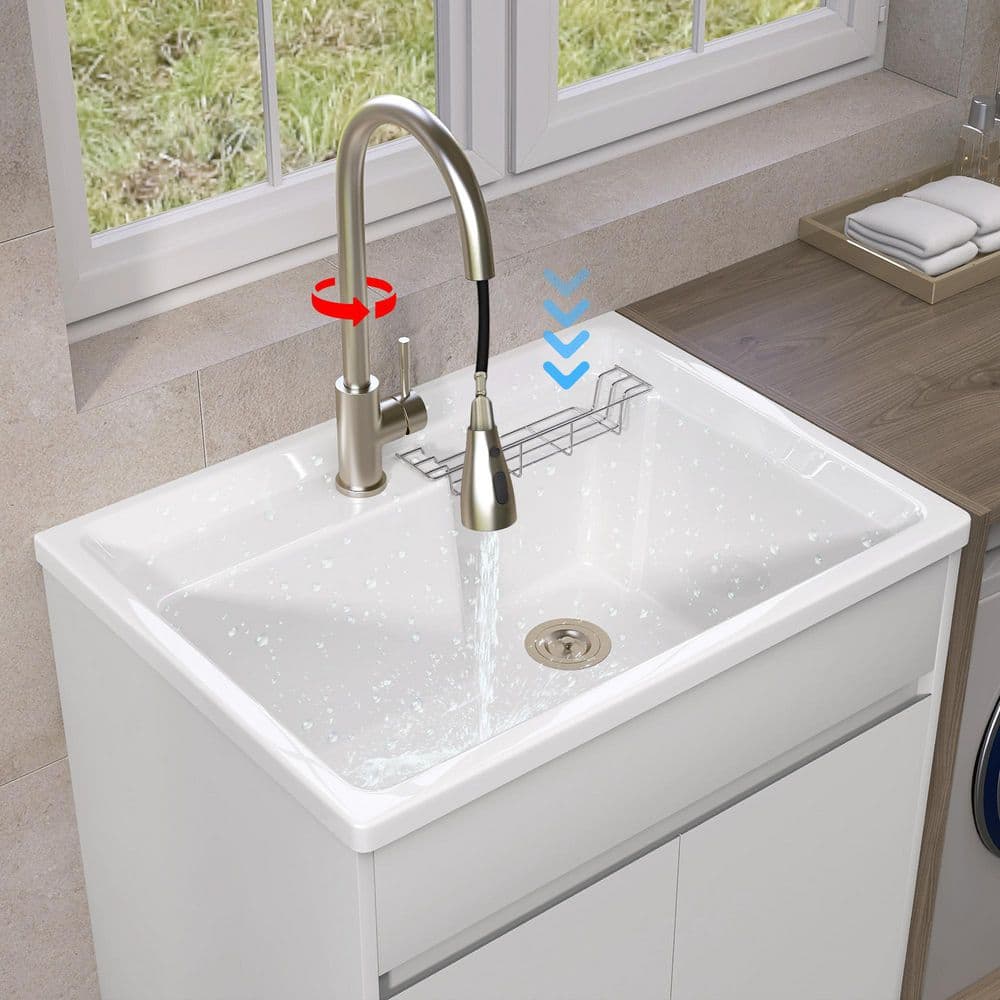 Zeafive All-in-One 30" x 22" Freestanding White Laundry Sink with Cabinet and Faucet - Image 10