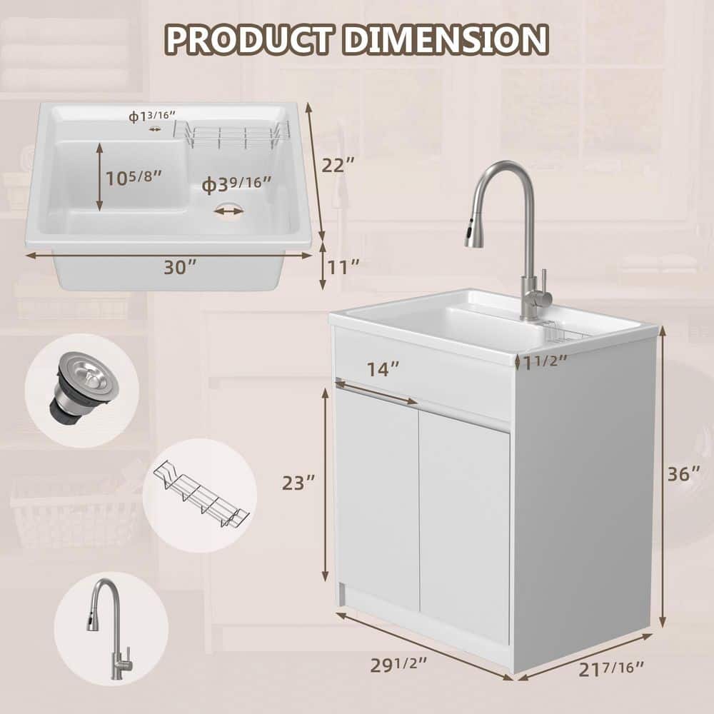 Zeafive All-in-One 30" x 22" Freestanding White Laundry Sink with Cabinet and Faucet - Image 3