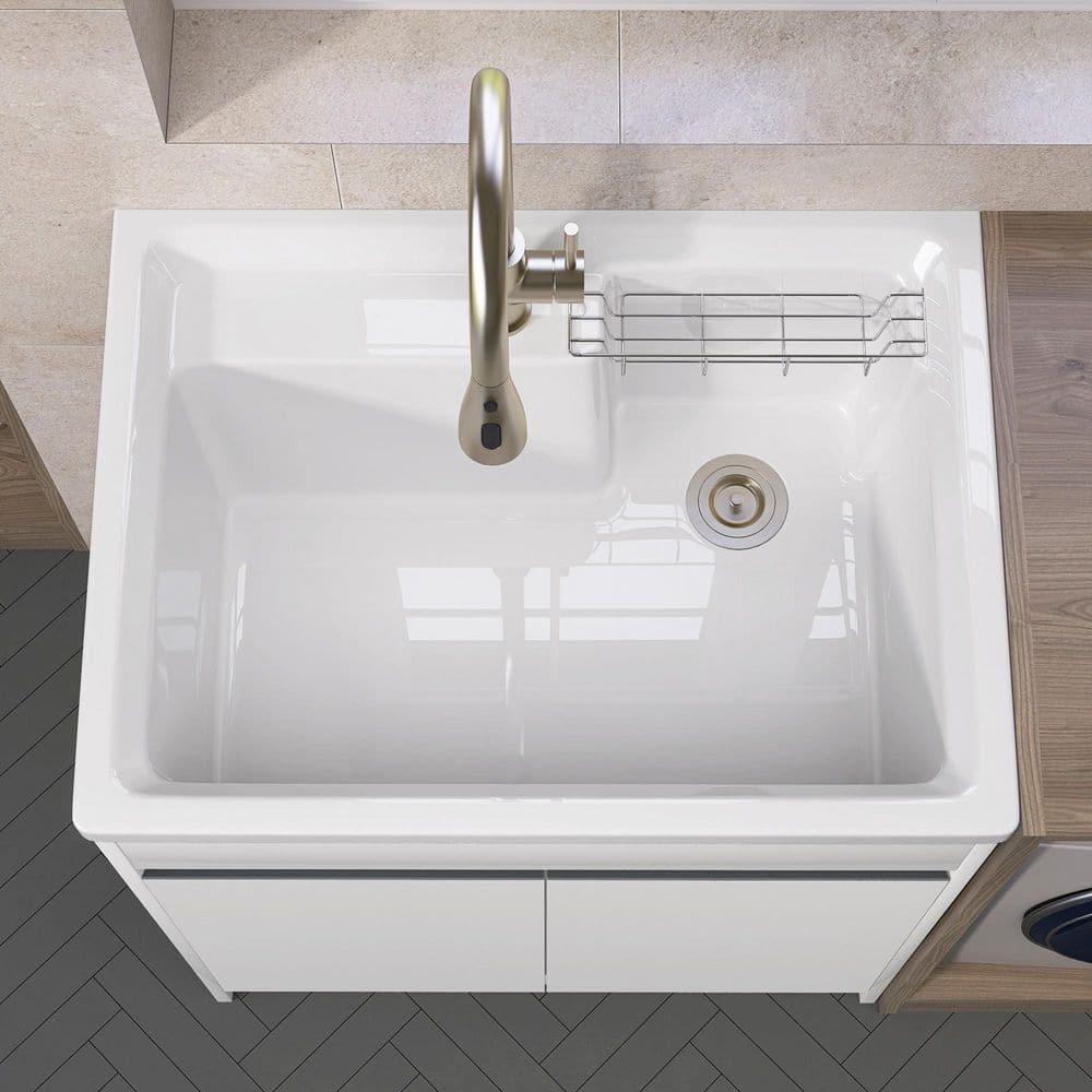 Zeafive All-in-One 30" x 22" Freestanding White Laundry Sink with Cabinet and Faucet - Image 4