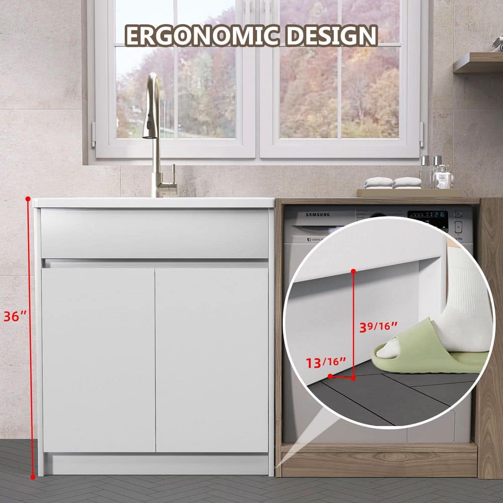 Zeafive All-in-One 30" x 22" Freestanding White Laundry Sink with Cabinet and Faucet - Image 5