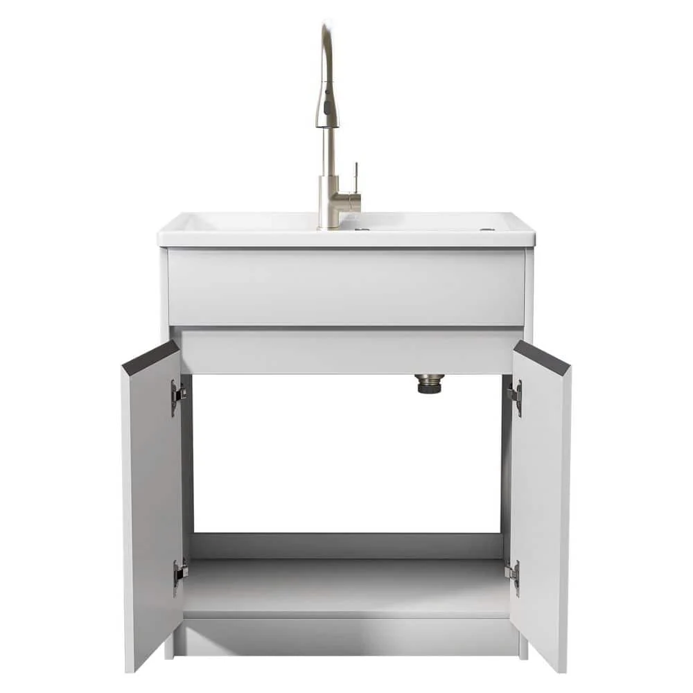 Zeafive All-in-One 30" x 22" Freestanding White Laundry Sink with Cabinet and Faucet - Image 7