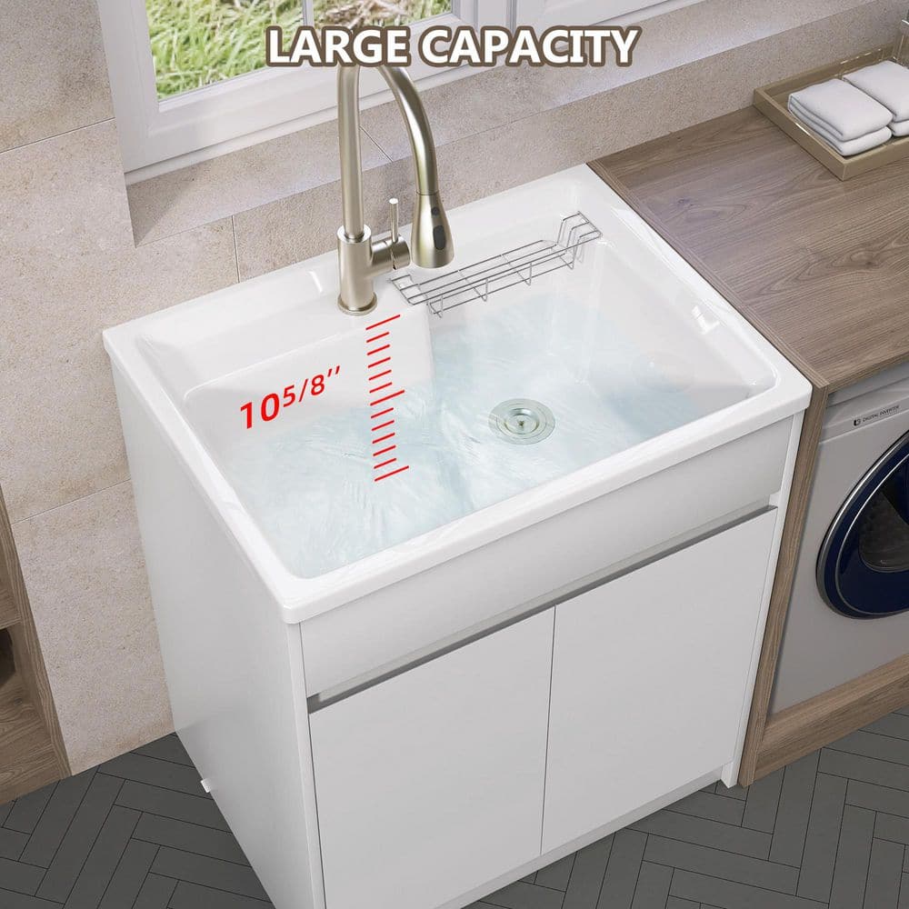 Zeafive All-in-One 30" x 22" Freestanding White Laundry Sink with Cabinet and Faucet - Image 8