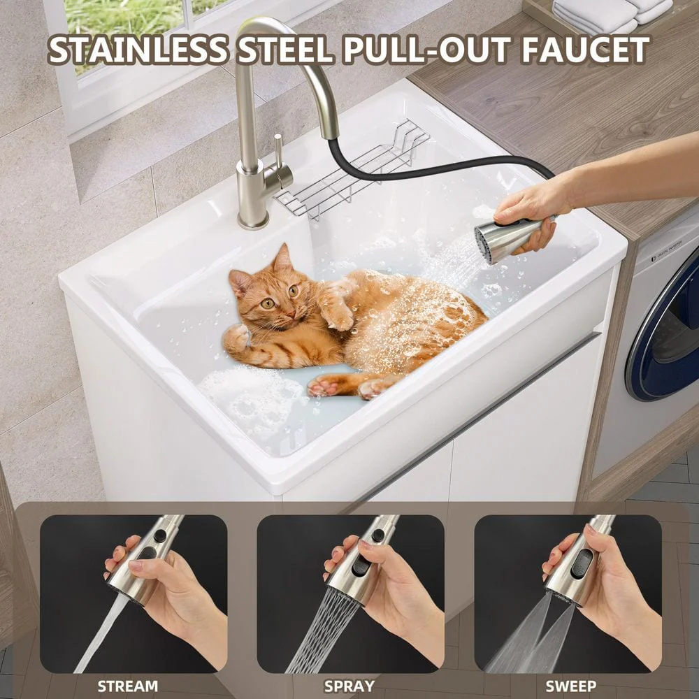 Zeafive All-in-One 30" x 22" Freestanding White Laundry Sink with Cabinet and Faucet - Image 9