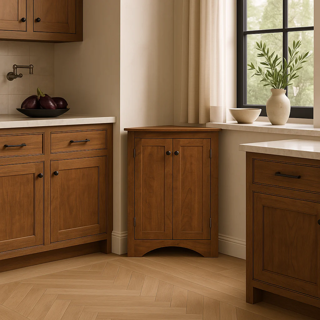 Zeus & Ruta Corner Cabinet with Adjustable Shelves, Brown MDF, 17.2" x 17.2" x 31.5" - Image 3